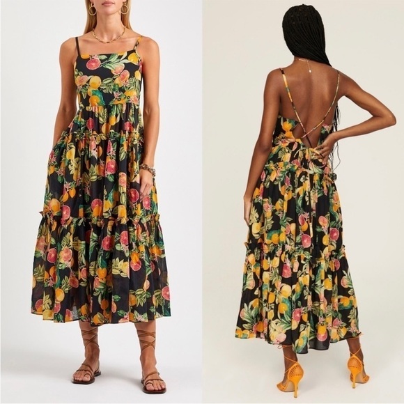 CARA CARA Fruit Print Square Neck Sleeveless Open Back Ruffle Tier Midi Dress L - Picture 9 of 15